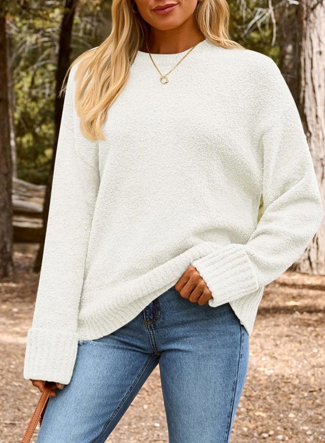 LILLUSORY Oversized Sweaters Womens 2023 Fall Outfits Clothes White Trendy Casual Crewneck Fuzzy Knit Fashion Chunky Warm Cashmere Knitted Pullover Dress Tops Trending Clothing Shirts White, White, M - Image 2