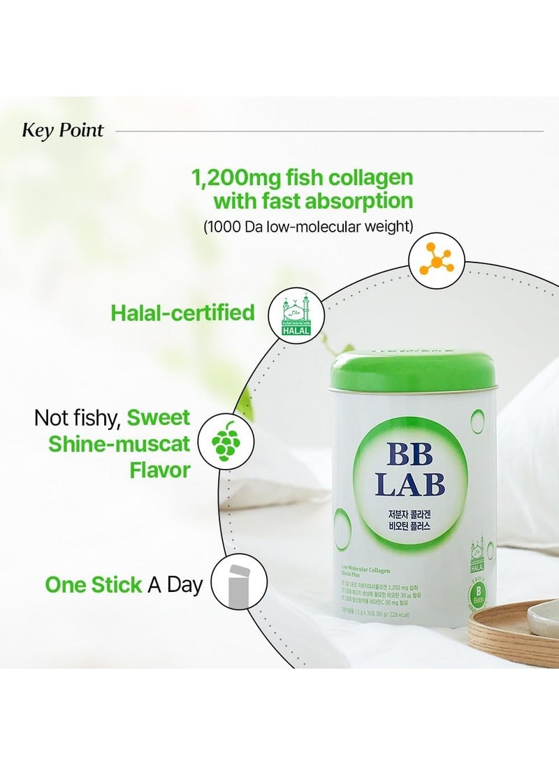 BB LAB - Low Molecular Collagen Biotin Plus, Powder Stick Supplement, Marine Collagen, Fish Collagen, Biotin, Vitamin C, Hyaluronic Acid, 17 Probiotics, Fast Absorption, Shine Muscat Flavor - 30Ct - Image 1