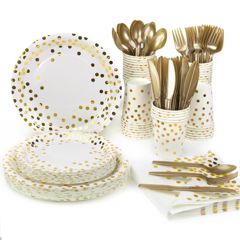 Lzerking Party Supplies Set - 280 Pieces of White and Gold Dot Paper Plates  Cups  Napkins  and Heavy Duty Silverware for 40 Guests for Birthdays  Graduation  Wedding  Festivals - Image 1