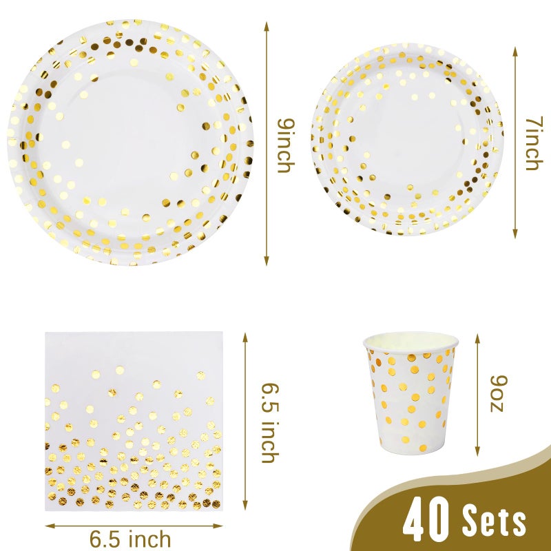 Lzerking Party Supplies Set - 280 Pieces of White and Gold Dot Paper Plates  Cups  Napkins  and Heavy Duty Silverware for 40 Guests for Birthdays  Graduation  Wedding  Festivals - Image 2