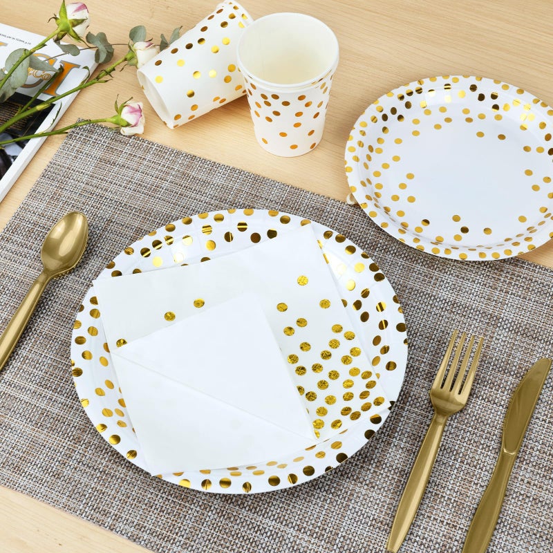 Lzerking Party Supplies Set - 280 Pieces of White and Gold Dot Paper Plates  Cups  Napkins  and Heavy Duty Silverware for 40 Guests for Birthdays  Graduation  Wedding  Festivals - Image 5