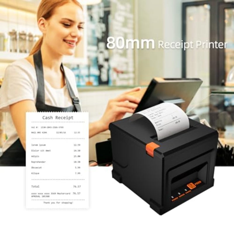 Eacam 80 مم USB + BT طابعة إيصالات POS مع قاطع تلقائي لسطح المكتب وطباعة حرارية مباشرة متوافقة مع دعم ESC/POS للشحن والأعمال التجارية والمطاعم والسوبر ماركت ومتجر البيع بالتجزئة - Image 2
