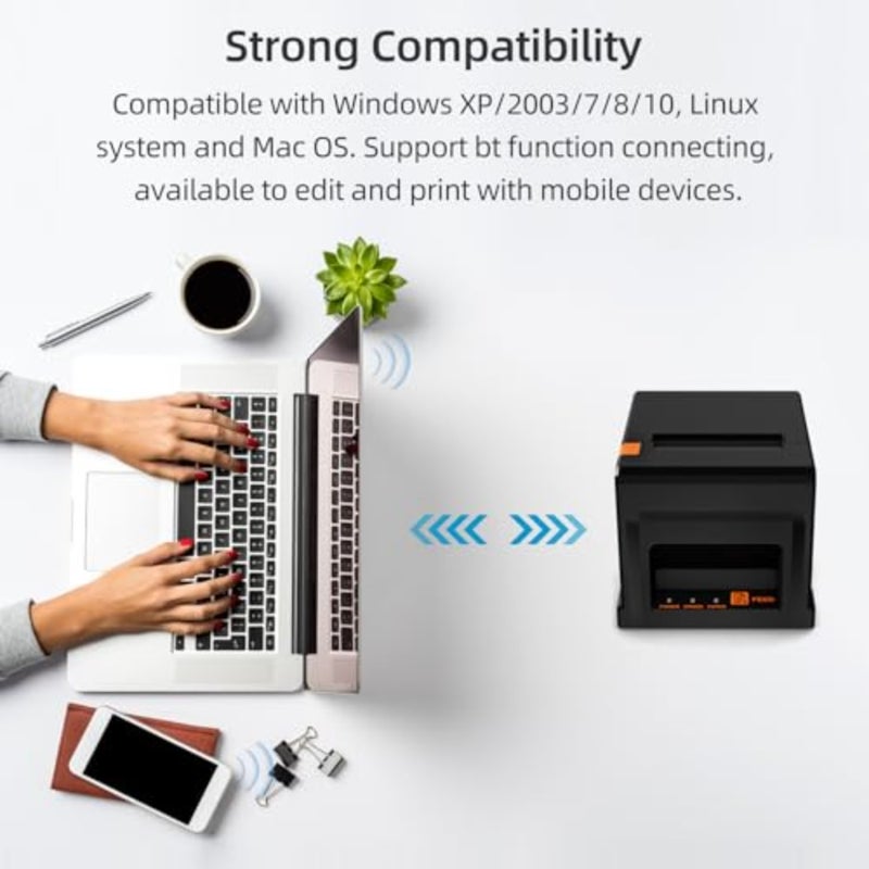 Eacam 80 مم USB + BT طابعة إيصالات POS مع قاطع تلقائي لسطح المكتب وطباعة حرارية مباشرة متوافقة مع دعم ESC/POS للشحن والأعمال التجارية والمطاعم والسوبر ماركت ومتجر البيع بالتجزئة - Image 5