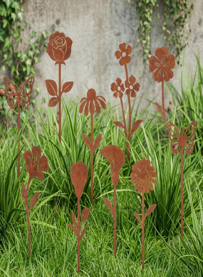 Otoolling 10pcs Rusty Metal Flowers and Plants, Rusty Rustic Metal Flowers Signs for Outside Yard Art Gift for Yard Decorative Garden Stakes Potted Plants Walkway and Garden(Flower and Butterfly) - Image 1
