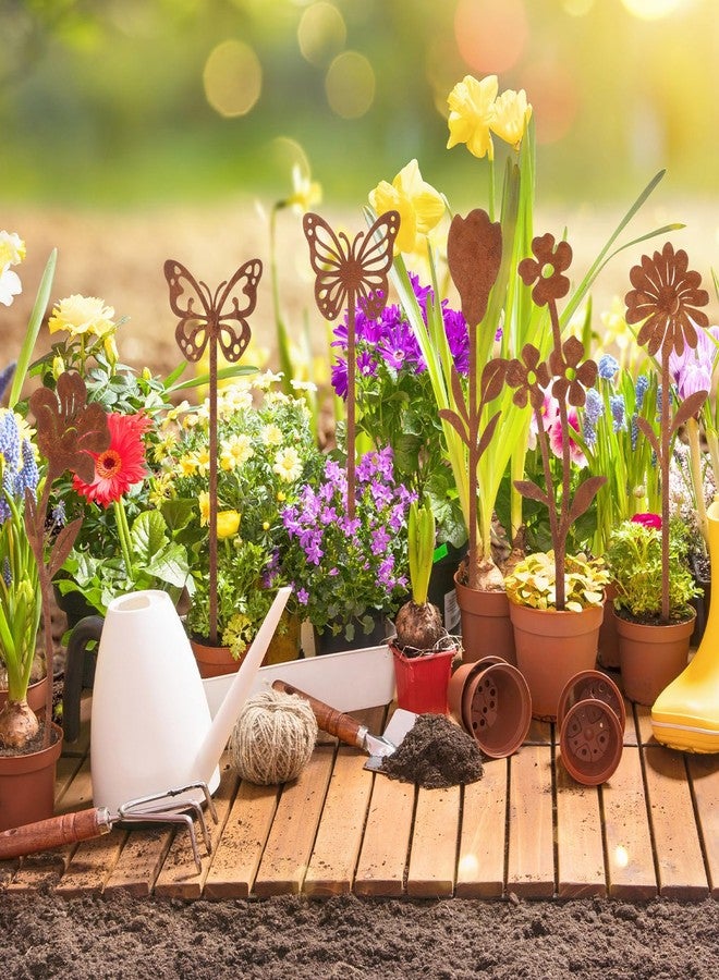 Otoolling 10pcs Rusty Metal Flowers and Plants, Rusty Rustic Metal Flowers Signs for Outside Yard Art Gift for Yard Decorative Garden Stakes Potted Plants Walkway and Garden(Flower and Butterfly) - Image 3