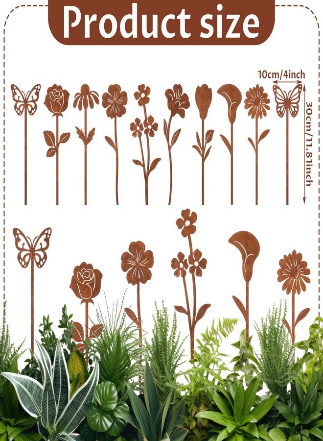 Otoolling 10pcs Rusty Metal Flowers and Plants, Rusty Rustic Metal Flowers Signs for Outside Yard Art Gift for Yard Decorative Garden Stakes Potted Plants Walkway and Garden(Flower and Butterfly) - Image 2