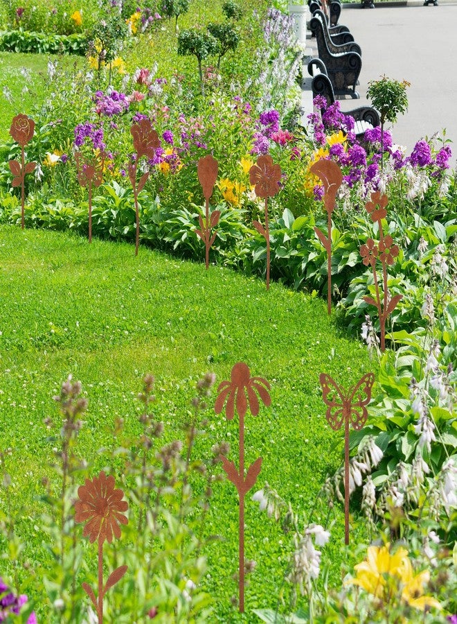 Otoolling 10pcs Rusty Metal Flowers and Plants, Rusty Rustic Metal Flowers Signs for Outside Yard Art Gift for Yard Decorative Garden Stakes Potted Plants Walkway and Garden(Flower and Butterfly) - Image 4