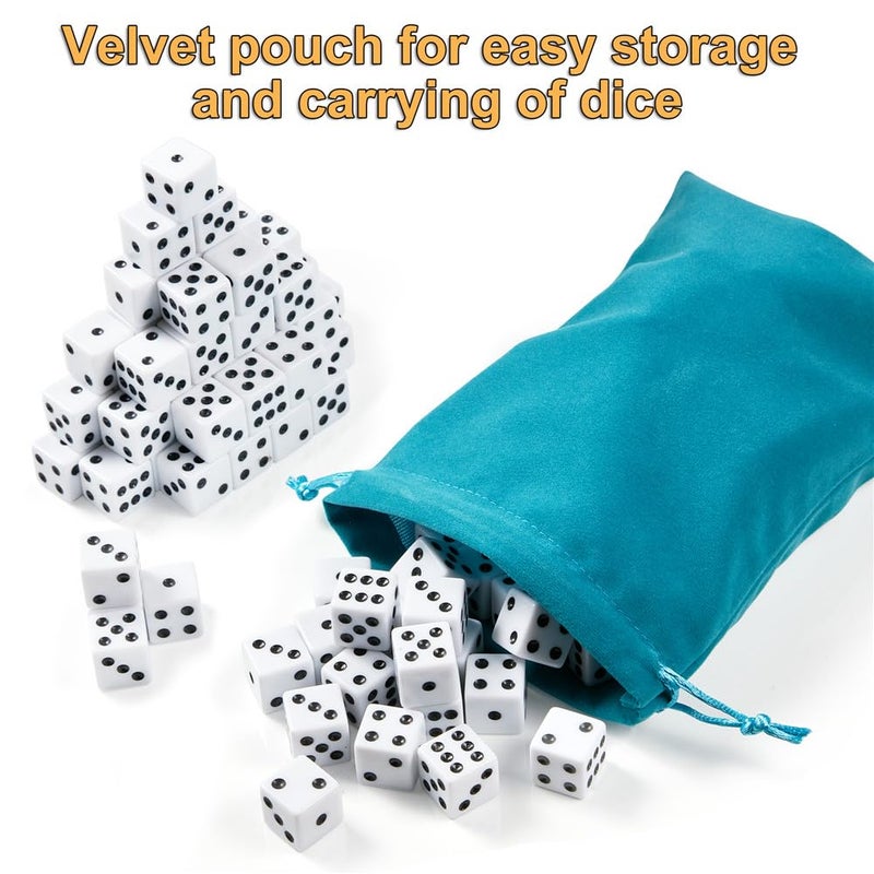 SLSESIN 100 Pieces Dice Set, 16MM Standard Game White Dices, Opaque Six Sided Dice with Pouch, Black Dot Bulk White Dice for Group Event, Board Games, Classroom Math - Image 5
