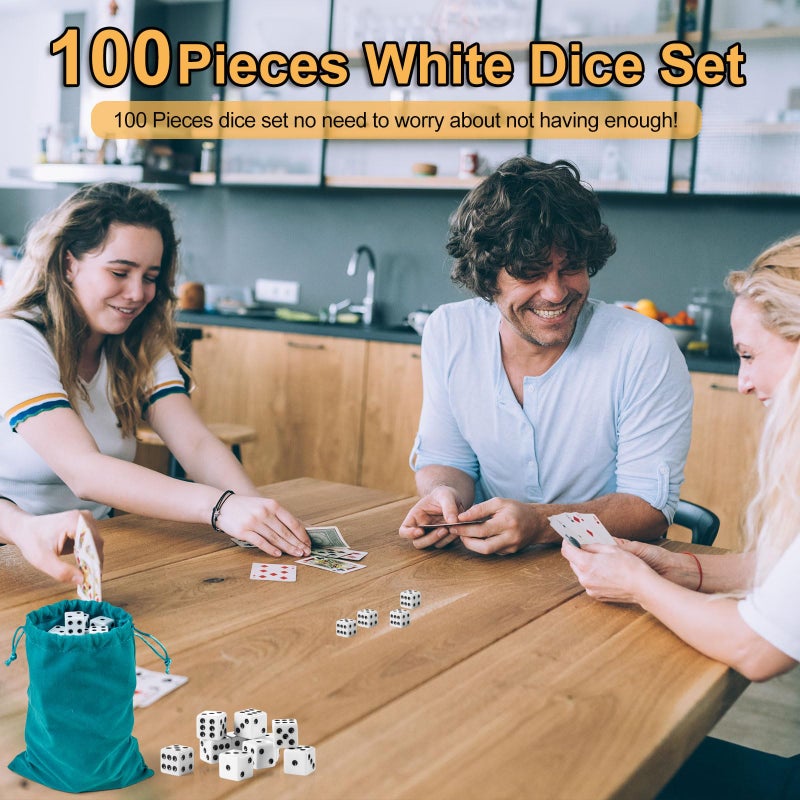 SLSESIN 100 Pieces Dice Set, 16MM Standard Game White Dices, Opaque Six Sided Dice with Pouch, Black Dot Bulk White Dice for Group Event, Board Games, Classroom Math - Image 3