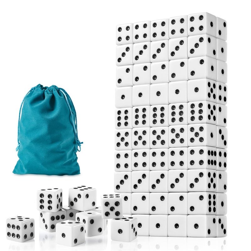 SLSESIN 100 Pieces Dice Set, 16MM Standard Game White Dices, Opaque Six Sided Dice with Pouch, Black Dot Bulk White Dice for Group Event, Board Games, Classroom Math - Image 1