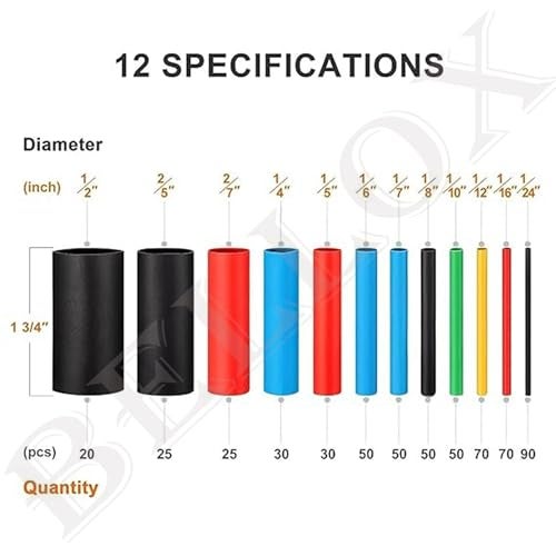 DIVUE Electrical Wire Cable Sleeving Wrap- 560Pieces Heat Shrink Tubing 2:1, Cable Wrap Assortment Electric Insulation Heat Shrink Tube Kit with Box(5 colors/12 Sizes) Black, Red, Blue, Yellow, Green - Image 3