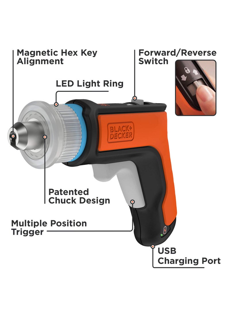 Beyond beyond by BLACK+DECKER 4V MAX Cordless Screwdriver, Hex, L-Shaped, 2-Inch Assorted Bits (BCRTA601APB) , Orange  - Image 2