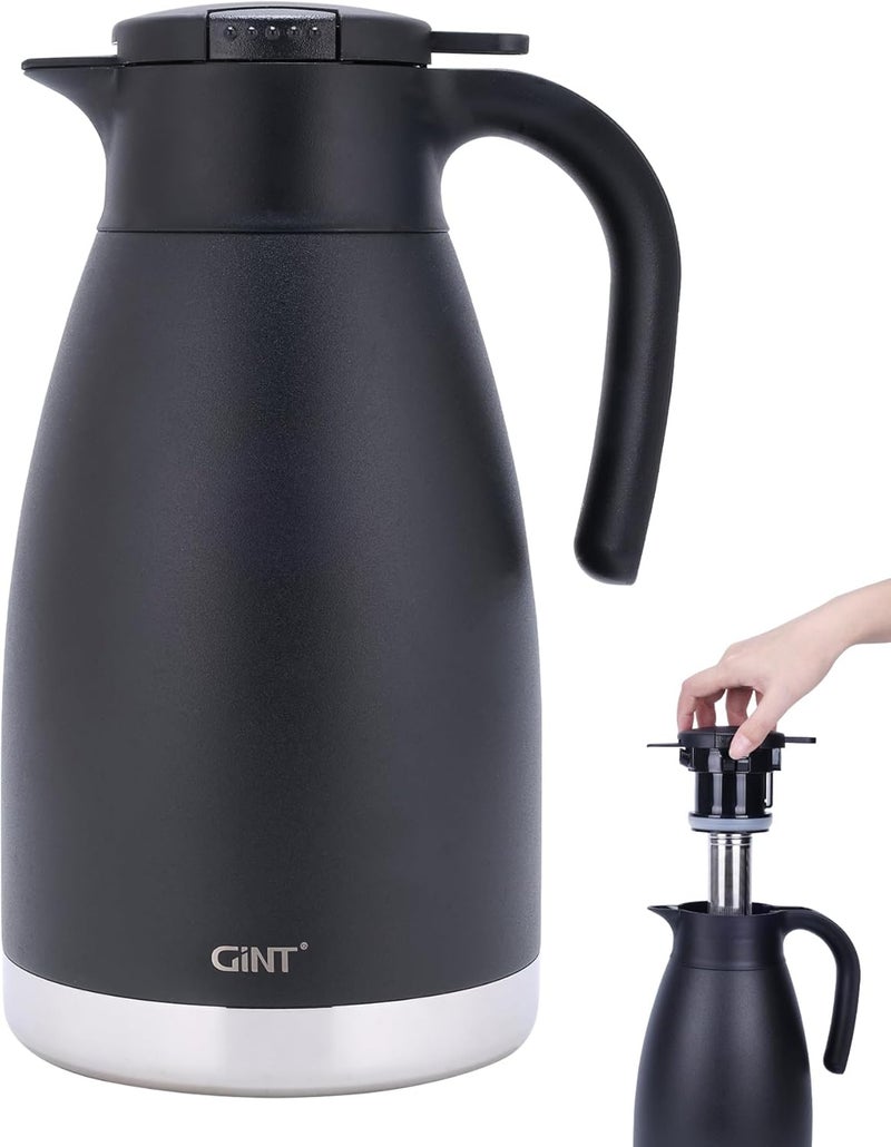 GiNT جرة قهوة حرارية 2.2 لتر / 74 أونصة، مصنوعة من فولاذ مقاوم للصدأ مع عزل حراري، مزودة بفتحة كبيرة لسكب المشروبات ومصفاة لتحضير الشاي (سوداء اللون) - Image 1