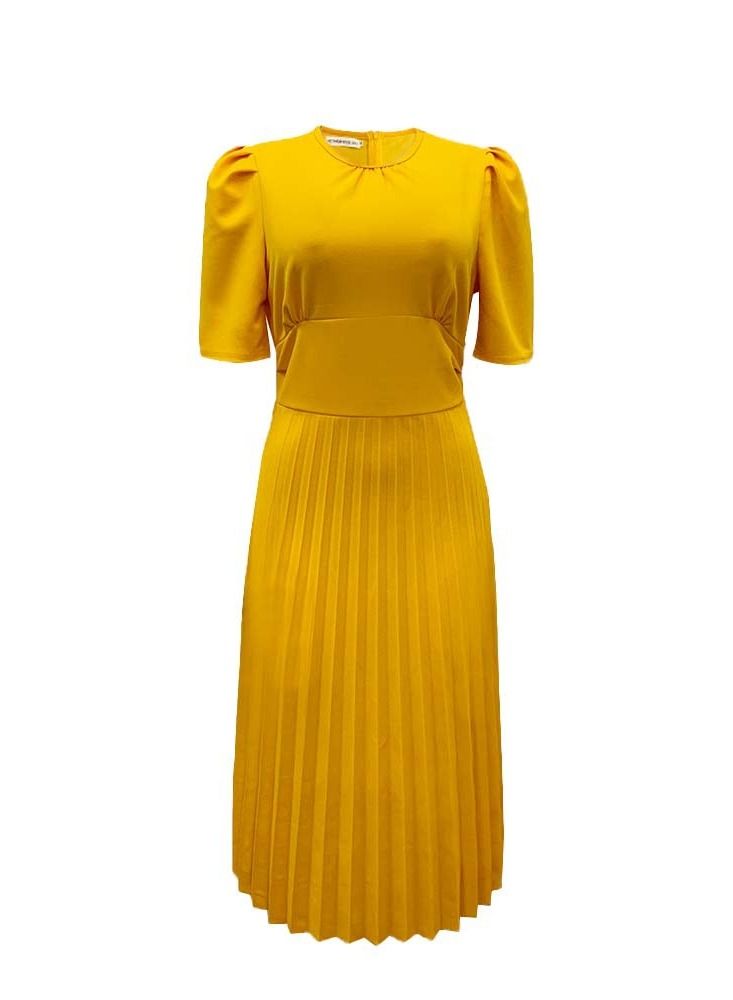 Loquat Women's Large Short Sleeve Pleated Solid Color Dress Yellow  - Image 1