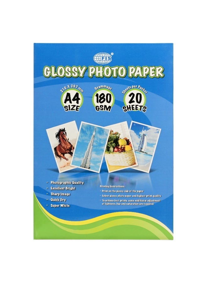 FIS Glossy Photo Paper, A4 Size(210x297mm), 180 Gsm Thickness, 20 Sheets Per Pack-FSPAGP18020N - Image 1