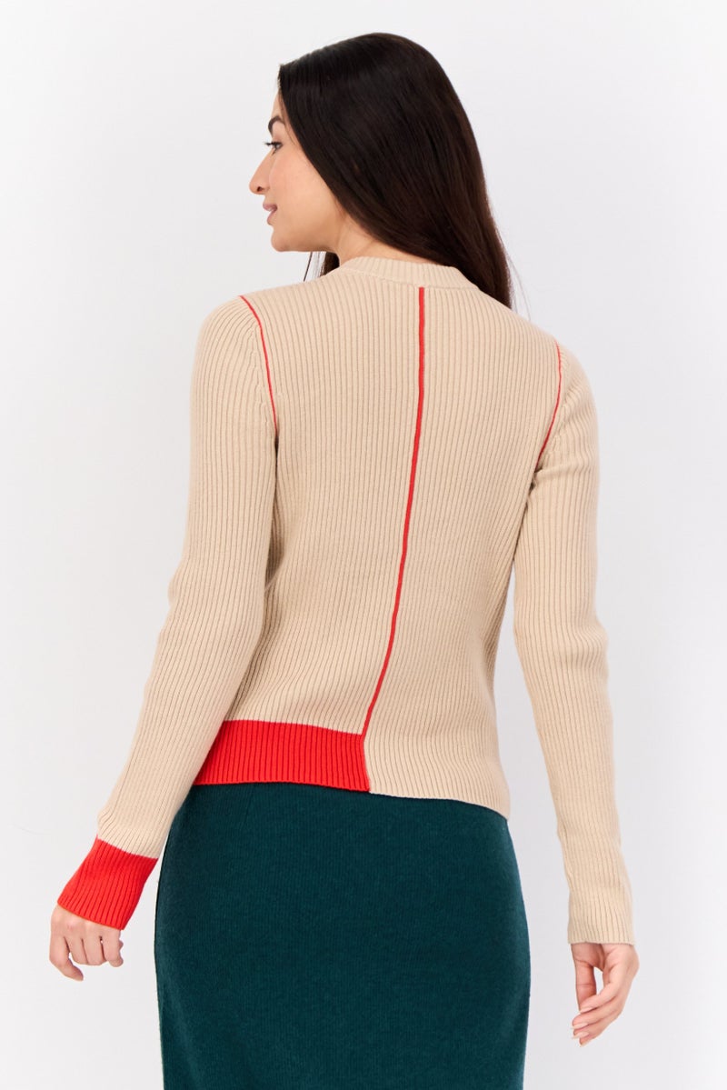 ESPRIT Women Crew Neck Ribbed Sweater, Tan - Image 2