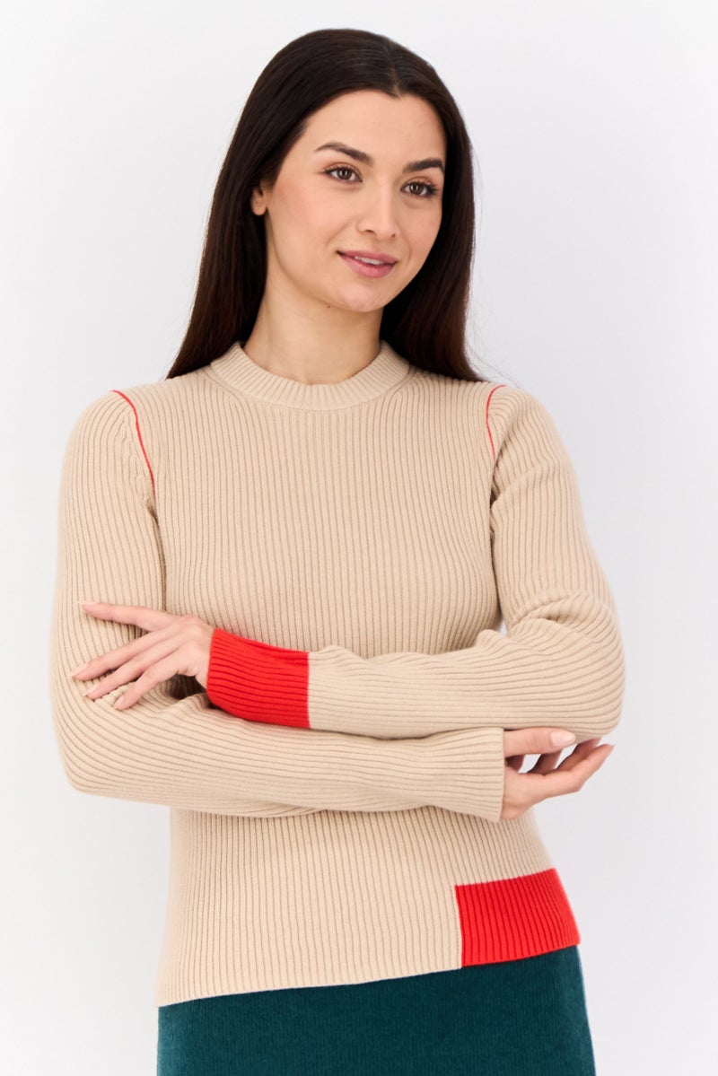 ESPRIT Women Crew Neck Ribbed Sweater, Tan - Image 1