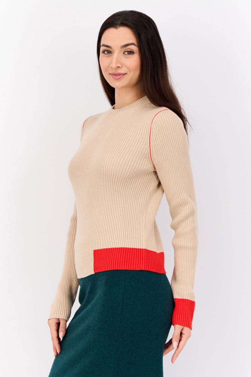 ESPRIT Women Crew Neck Ribbed Sweater, Tan - Image 3