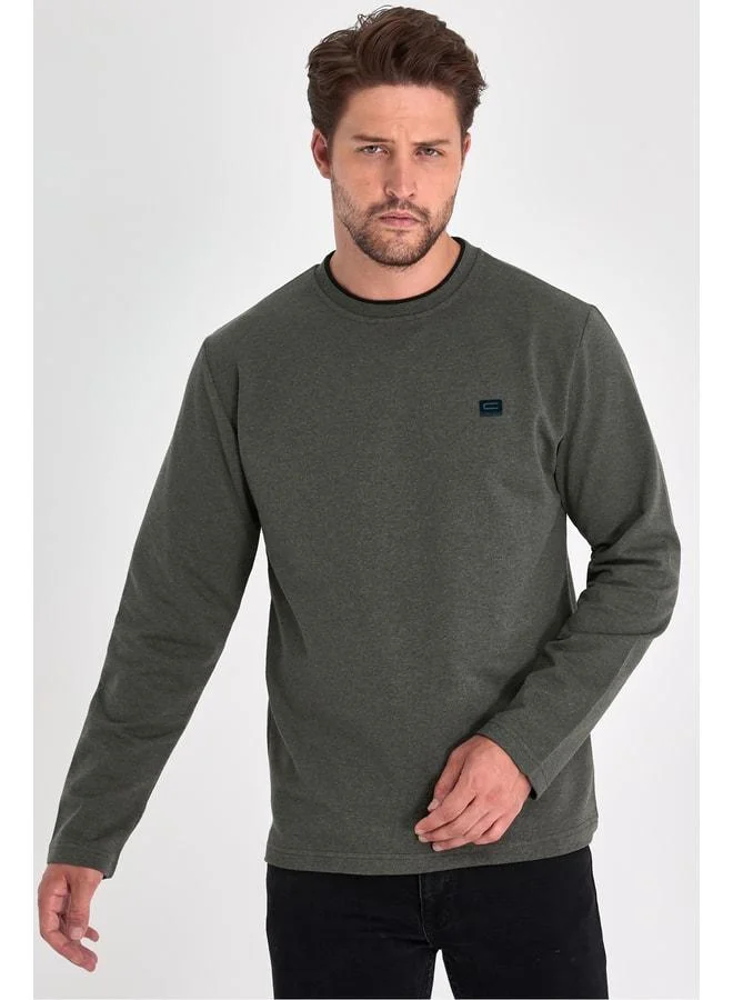 mmetalic Men's Navy Double Crew Neck Sweatshirt with Printed Details, Standard Relaxed Fit