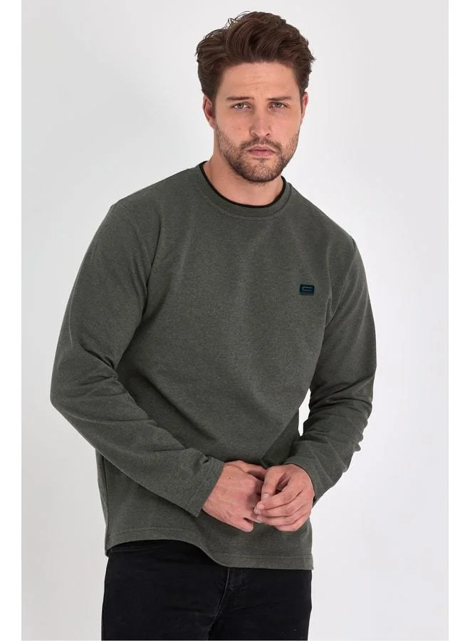 mmetalic Men's Navy Double Crew Neck Sweatshirt with Printed Details, Standard Relaxed Fit