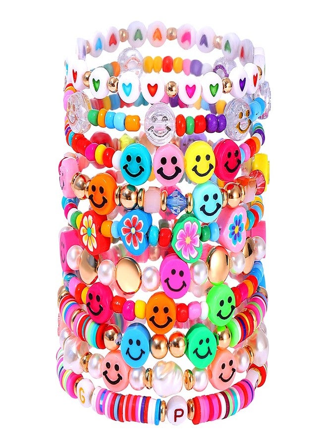 HZEYN Beaded Bracelet Set Stack Colorful Happy Face Charm Pearl Heishi Beaded Stretchy Bracelet Summer Beach Bracelet Jewelry (Rainbow-10pcs) - Image 1