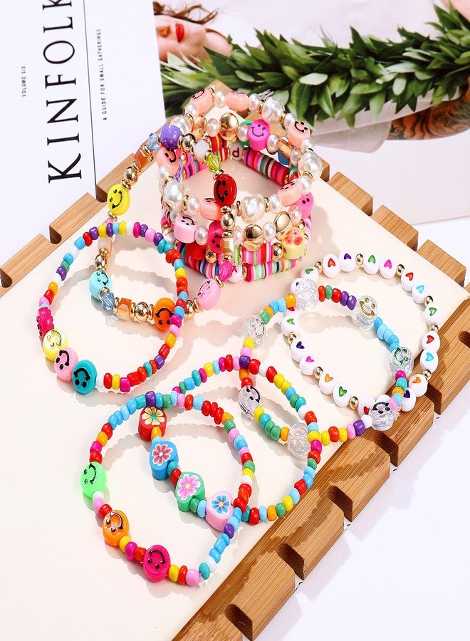HZEYN Beaded Bracelet Set Stack Colorful Happy Face Charm Pearl Heishi Beaded Stretchy Bracelet Summer Beach Bracelet Jewelry (Rainbow-10pcs) - Image 5