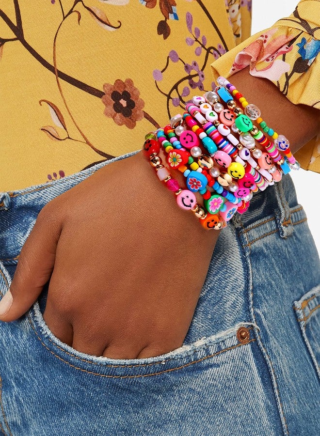 HZEYN Beaded Bracelet Set Stack Colorful Happy Face Charm Pearl Heishi Beaded Stretchy Bracelet Summer Beach Bracelet Jewelry (Rainbow-10pcs) - Image 3