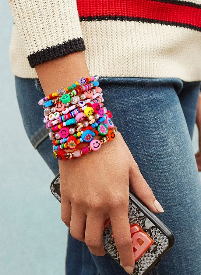 HZEYN Beaded Bracelet Set Stack Colorful Happy Face Charm Pearl Heishi Beaded Stretchy Bracelet Summer Beach Bracelet Jewelry (Rainbow-10pcs) - Image 2