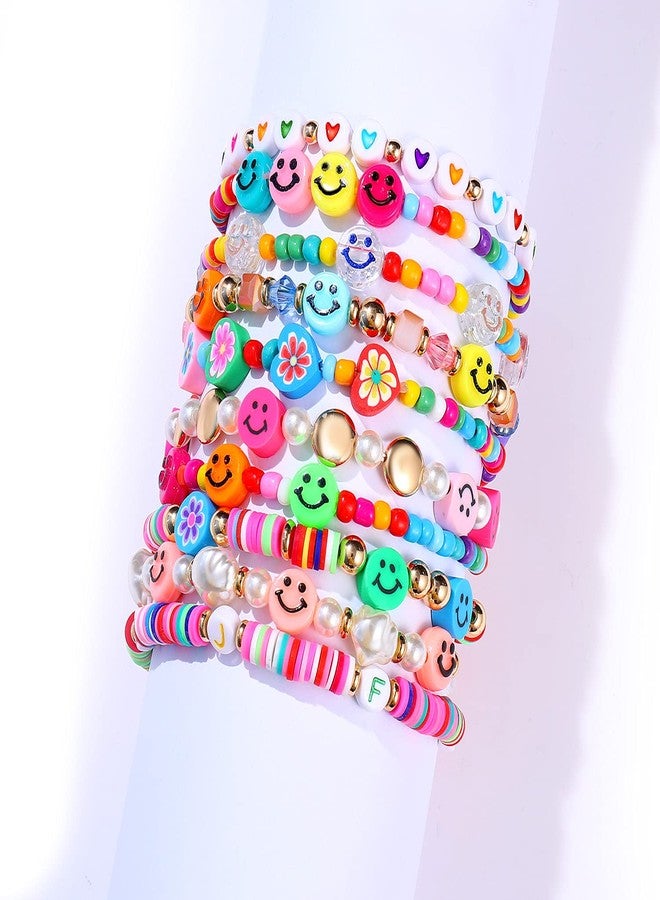 HZEYN Beaded Bracelet Set Stack Colorful Happy Face Charm Pearl Heishi Beaded Stretchy Bracelet Summer Beach Bracelet Jewelry (Rainbow-10pcs) - Image 4
