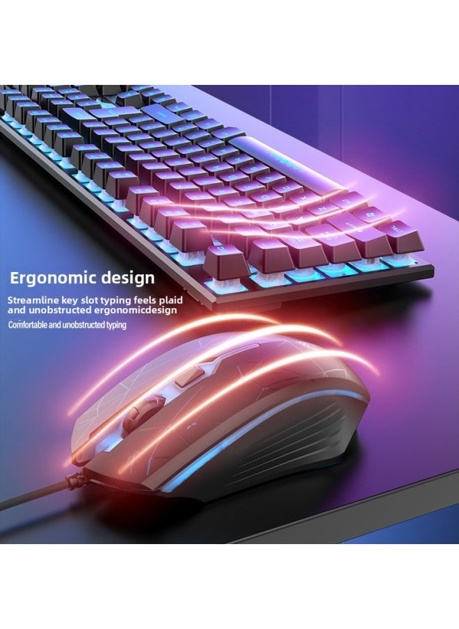 Generic - Mechanical Feel Keyboard Mouse Suit Wired Desktop Computer Notebook Game E-sports Typing USB-Color:Mechanical Feel - 1 Year Warranty - Black Characters, White Ice And Blue Light - Upgraded Alloy Panel + 6-key Hot Wheel Mouse - No - 104 Keys - Official Standard - Image 1