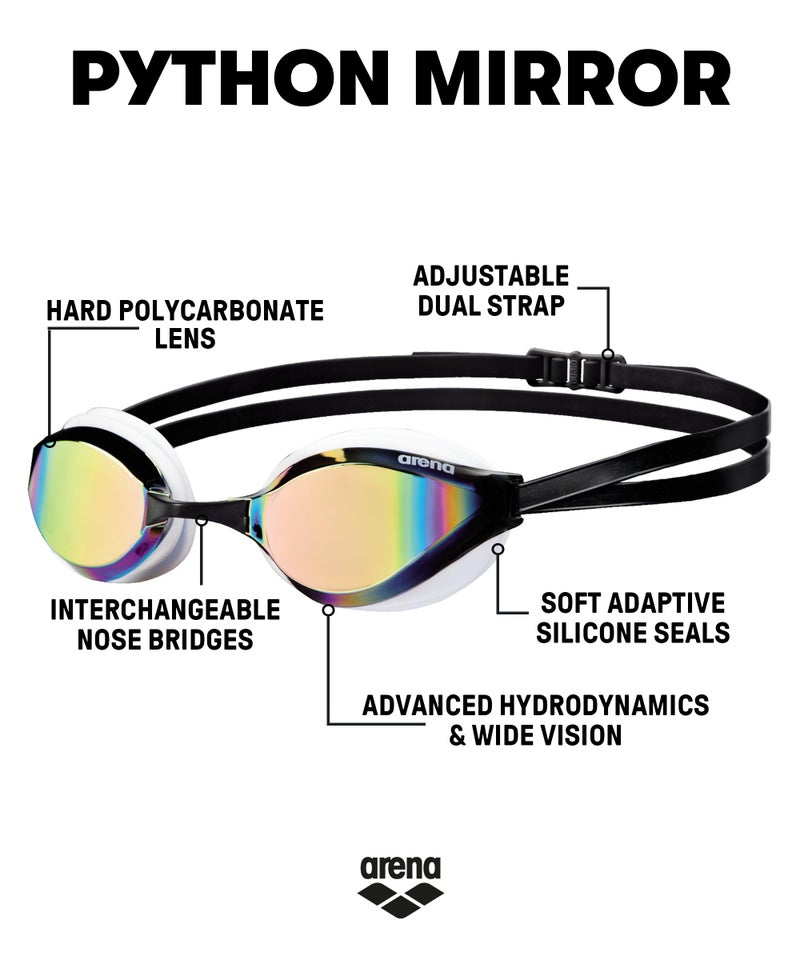 ARENA Unisex Python Racing Swim Goggles for Men and Women Anti-Fog Mirror Lens Max Comfort Dual Strap, Copper/White - Image 2