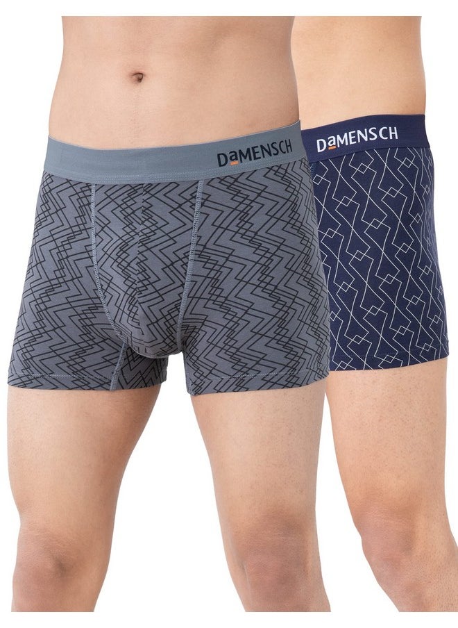 DaMENSCH DAMENSCH Men's Regular Fit Printed Supima Trunks Pack of 2| Mircromodal, Elastane Fabric, Anti-Bacterial and Microfibre Waistband Underwear for Men, Trunks, Innerwear Men-Tropical Black,Grey Grid-L  - Image 1
