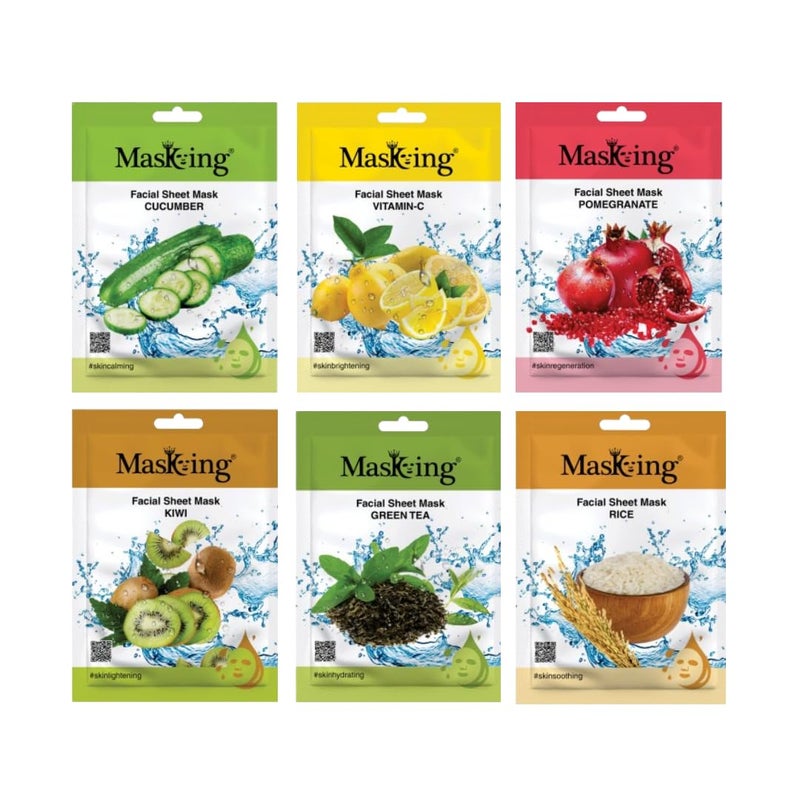 MasKing Beauty Cucumber VitaminC Pomegranate Kiwi Greentea Rice extract Facial sheet mask for glowing and hydrating daily Skin care combo pack of 6 - Image 1