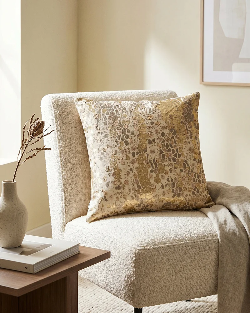 REDTAG Beige With Gold Foil Print Cushion