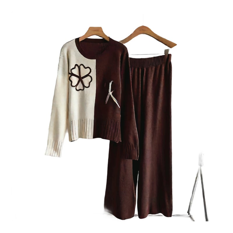 Fashion Knit Top and Wide Leg Pants Two-Piece Set Casual Lounge Suit - Image 1