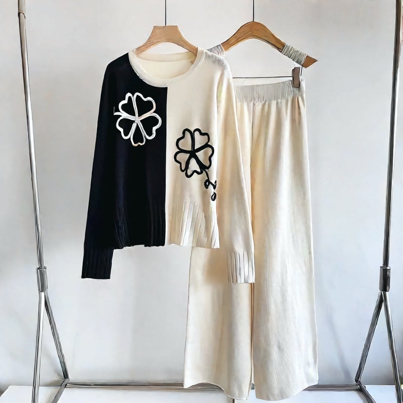 Fashion Knit Top and Wide Leg Pants Two-Piece Set Casual Lounge Suit - Image 2