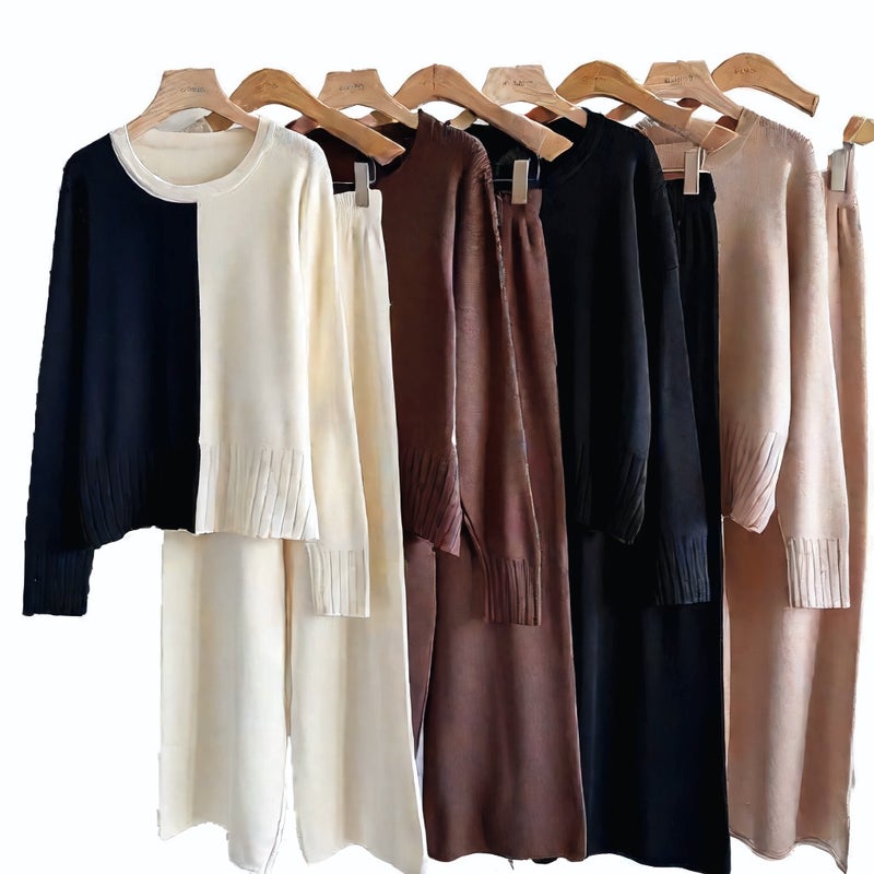 Fashion Knit Top and Wide Leg Pants Two-Piece Set Casual Lounge Suit - Image 5