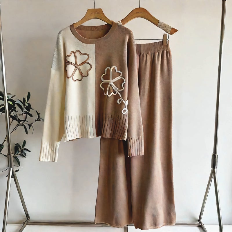 Fashion Knit Top and Wide Leg Pants Two-Piece Set Casual Lounge Suit - Image 4