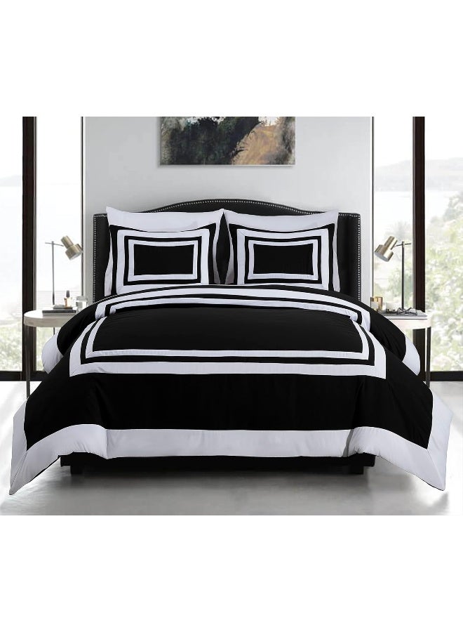 Chezmoi Collection مجموعة تشيزموي وايات 7 قطع طقم سرير كوين في حقيبة مع ملاءات بتصميم فندقي أسود/أبيض بنمط مربع - Image 2