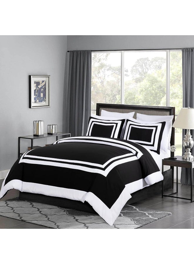 Chezmoi Collection مجموعة تشيزموي وايات 7 قطع طقم سرير كوين في حقيبة مع ملاءات بتصميم فندقي أسود/أبيض بنمط مربع - Image 1