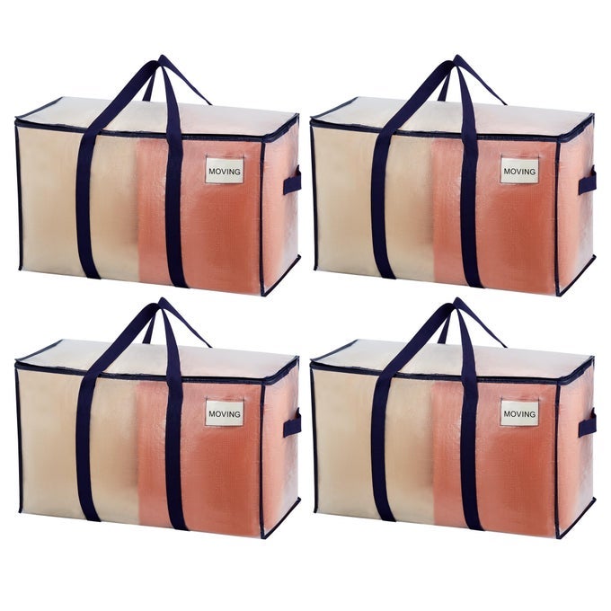 4 PACK MOVING BAGS HEAVY DUTY MOVING BOXES ALTERNATIVE PACKING STORAGE SUPPLIES FOR DORM ROOM ESSENTIALS WITH ZIPPER FOR CLOTHES EXTRA LARGE TOTES FOR PACKAGING CLEAR 4 PACK