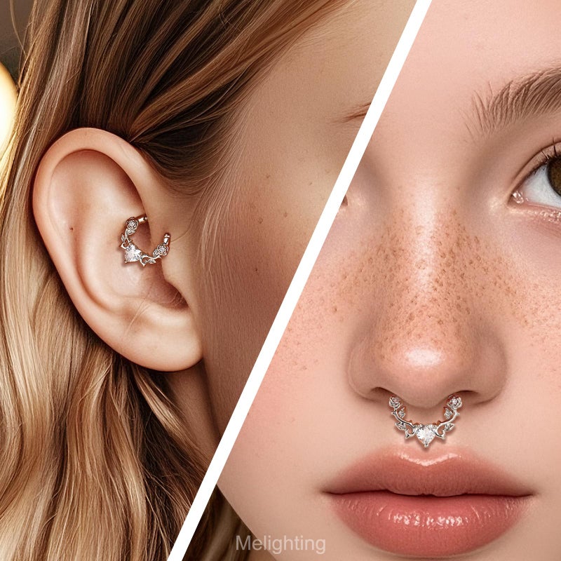 Melighting Heart Septum Ring 16G, Rose Daith Piercing Jewelry, 316L Stainless Steel Vine Septum Jewellery Clear CZ Helix Cartilage Earring for Women 8 mm - Image 3
