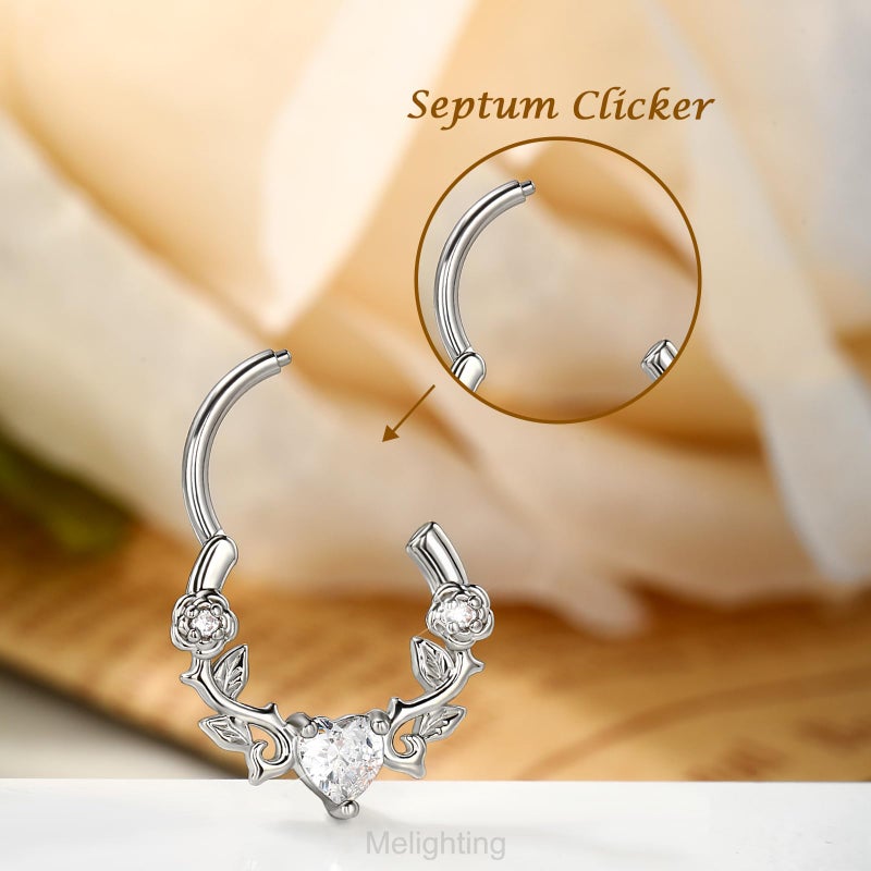 Melighting Heart Septum Ring 16G, Rose Daith Piercing Jewelry, 316L Stainless Steel Vine Septum Jewellery Clear CZ Helix Cartilage Earring for Women 8 mm - Image 4