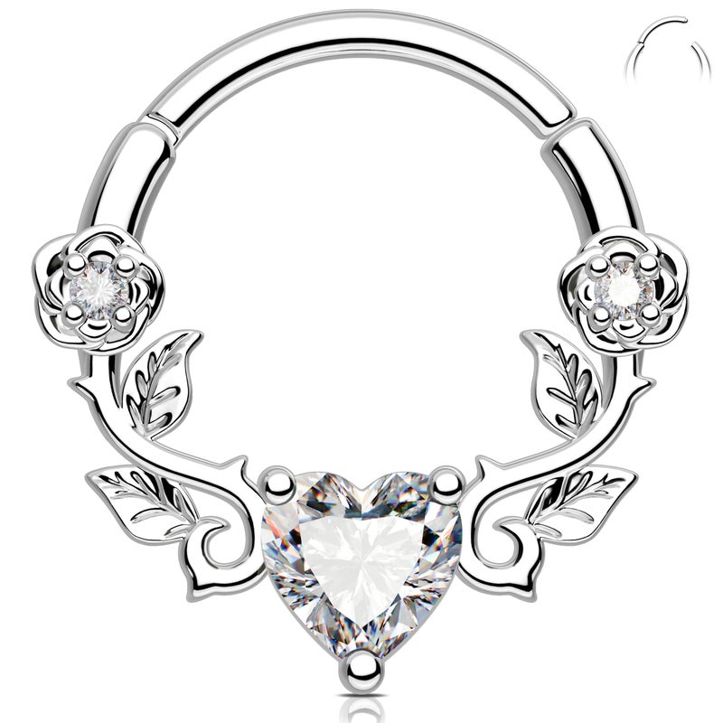 Melighting Heart Septum Ring 16G, Rose Daith Piercing Jewelry, 316L Stainless Steel Vine Septum Jewellery Clear CZ Helix Cartilage Earring for Women 8 mm - Image 1