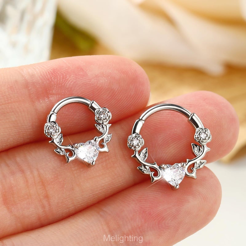 Melighting Heart Septum Ring 16G, Rose Daith Piercing Jewelry, 316L Stainless Steel Vine Septum Jewellery Clear CZ Helix Cartilage Earring for Women 8 mm - Image 2
