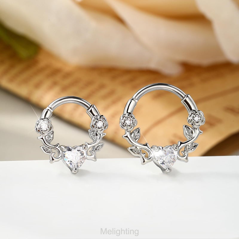 Melighting Heart Septum Ring 16G, Rose Daith Piercing Jewelry, 316L Stainless Steel Vine Septum Jewellery Clear CZ Helix Cartilage Earring for Women 8 mm - Image 5