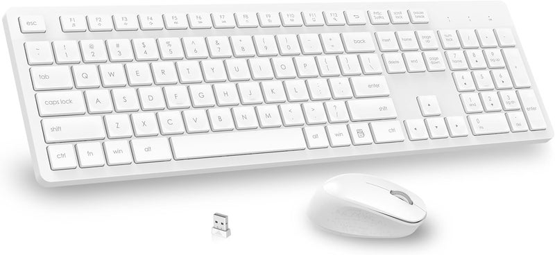 LeadsaiL White Wireless Keyboard and Mouse Combo, Full-Sized Ergonomic Computer Keyboard, 2.4GHz USB Cordless Keyboard Silent Mouse Set, 12 FN Shortcuts for Windows MacOS Laptop Computer - Image 1