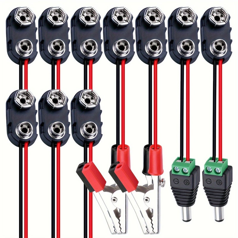 10pcs 9V Battery Snap Clip Connector with Alligator Clips and DC Power Plug - Image 1