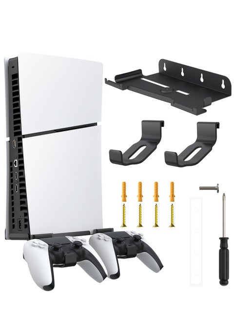حامل جداري لجهاز PS5 Slim 2023 (إصدار قرصي ورقمي)، حامل تثبيت على الحائط مع حاملي وحدة تحكم قابلين للإزالة، طقم تثبيت على الحائط PS5 عائم مطوّر مع تثبيت لولبي (أسود)