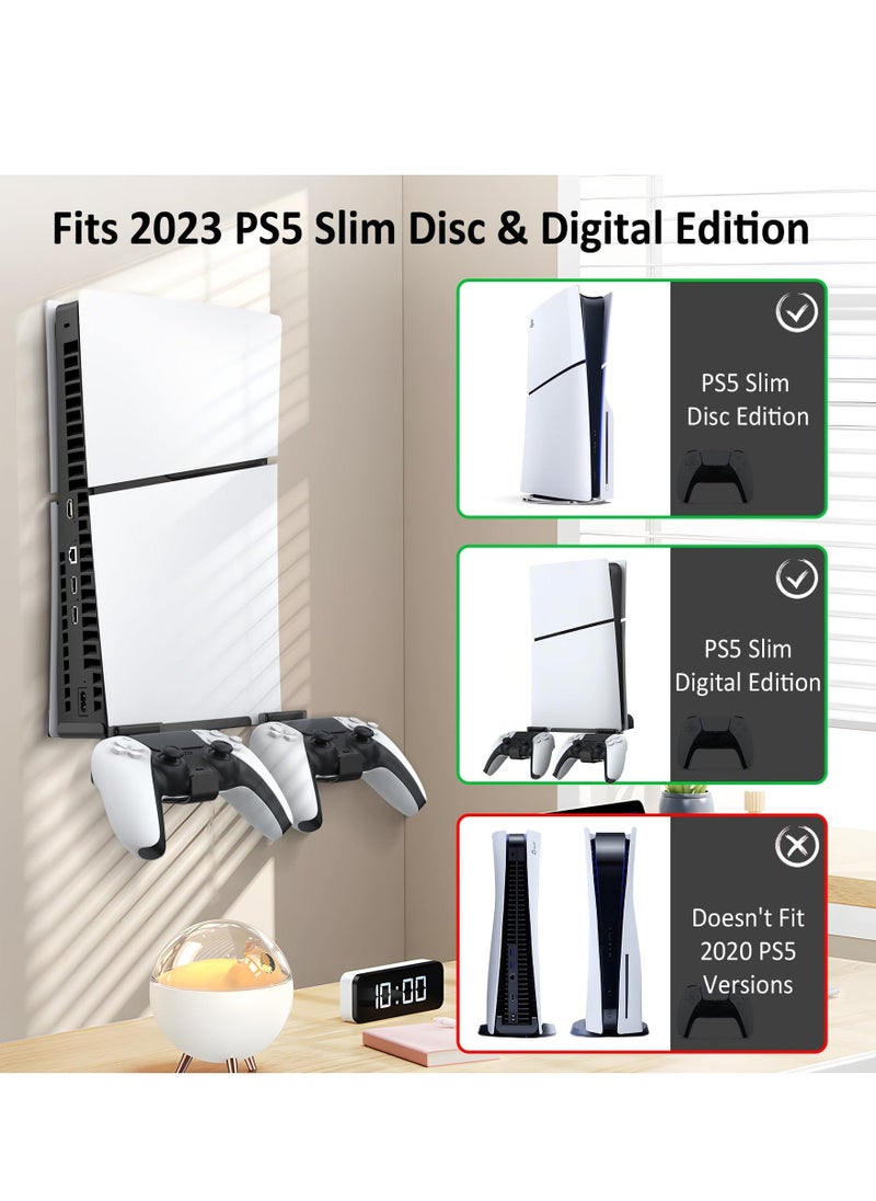 Generic - حامل جداري لجهاز PS5 Slim 2023 (إصدار قرصي ورقمي)، حامل تثبيت على الحائط مع حاملي وحدة تحكم قابلين للإزالة، طقم تثبيت على الحائط PS5 عائم مطوّر مع تثبيت لولبي (أسود) - Image 1